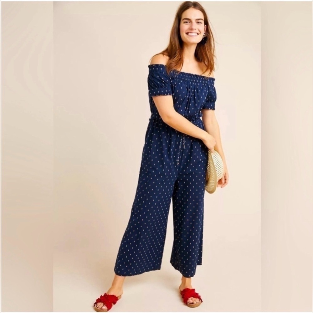 Anthropologie Findley Navy Blue Short Sleeve Off-Shoulder Wide Leg Jumpsuit XS